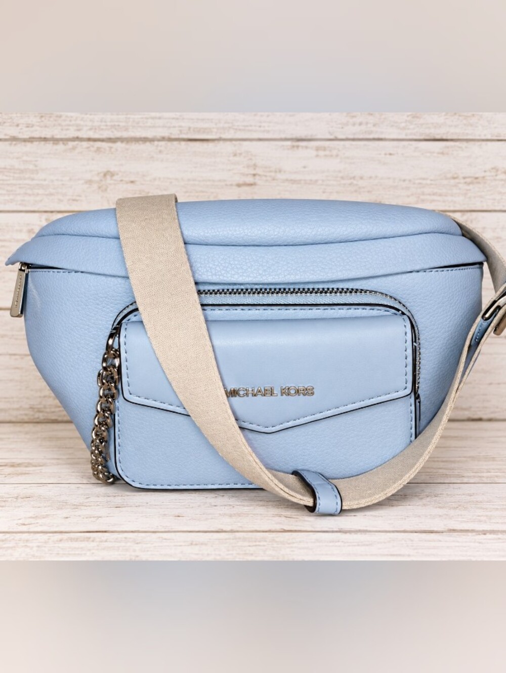 Michael Kors Powder Blue Leather Crossbody Belt Bag with Beige Strap